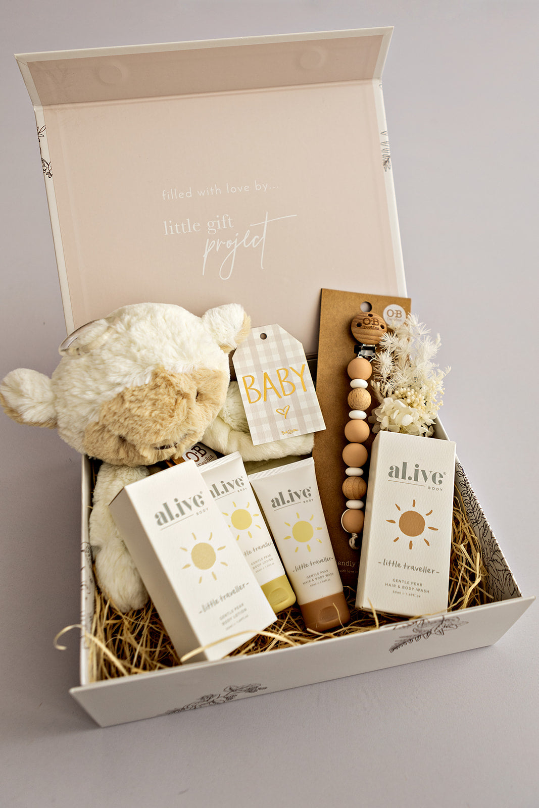 Personalised Baby Gift Box (inc name, ribbon, wood wool filling + FREE Gift Tag)