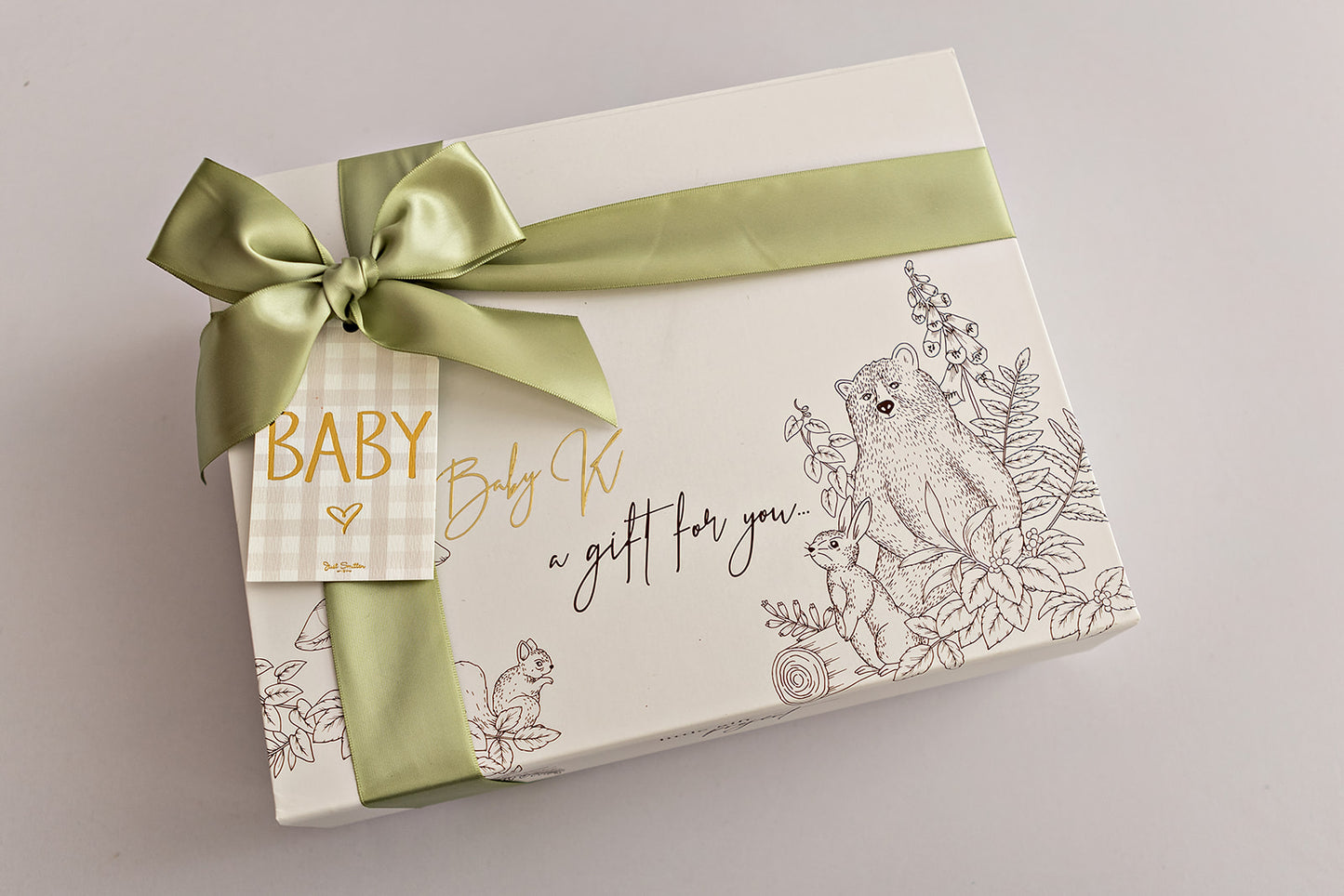 Personalised Baby Gift Box (inc name, ribbon, wood wool filling + FREE Gift Tag)
