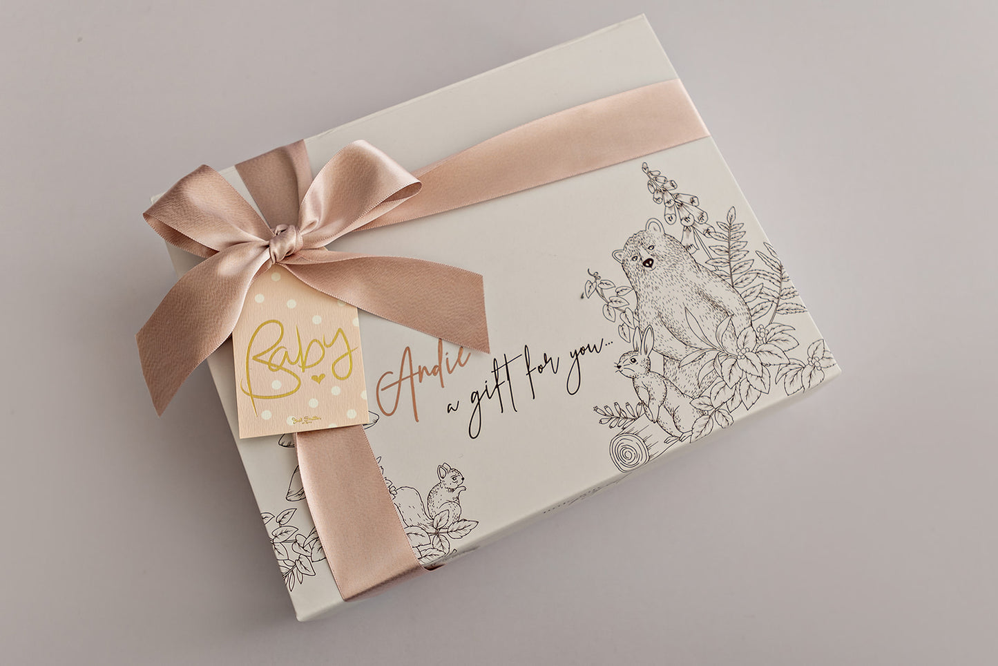 Personalised Baby Gift Box (inc name, ribbon, wood wool filling + FREE Gift Tag)