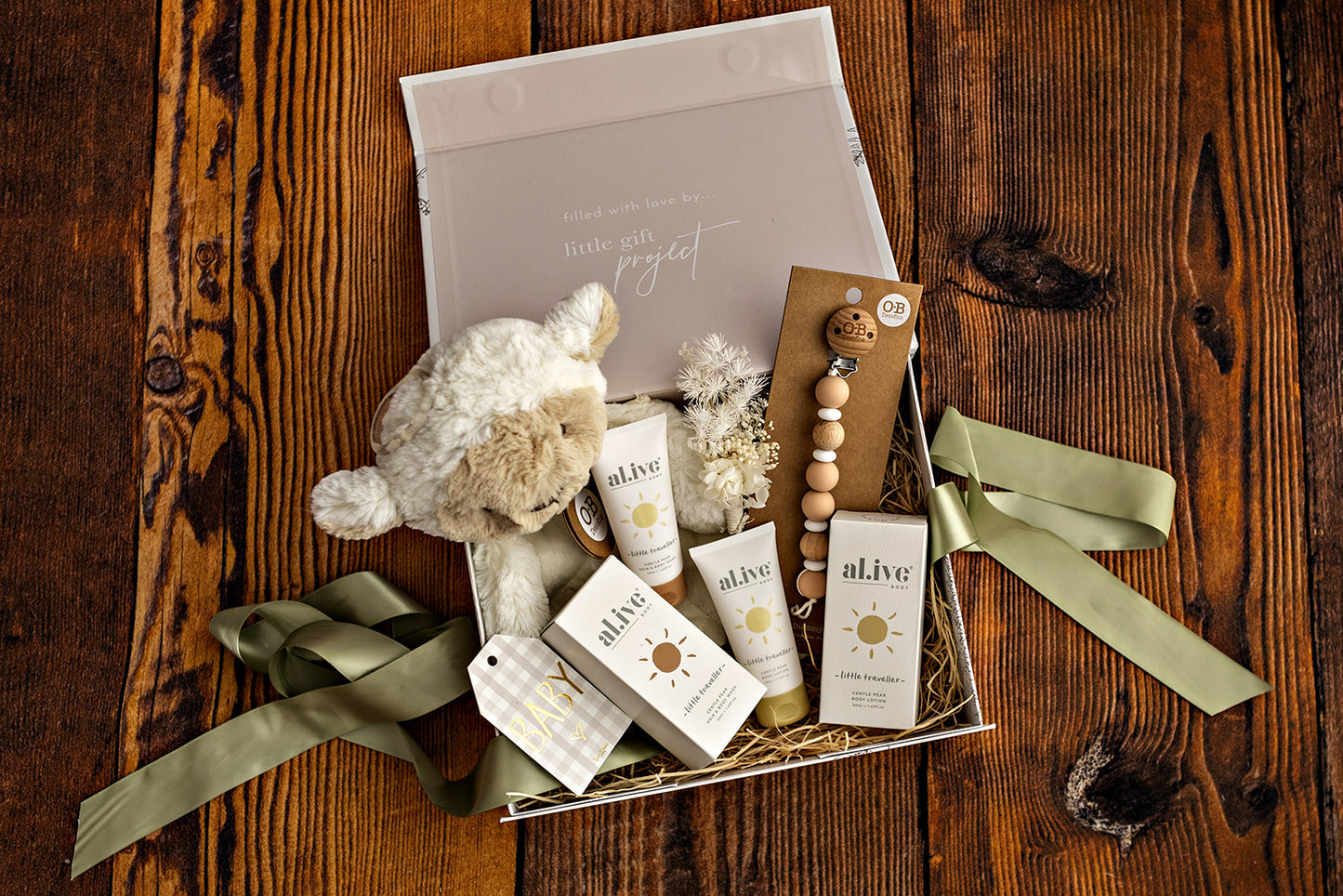 Personalised Baby Gift Box (inc name, ribbon, wood wool filling + FREE Gift Tag)