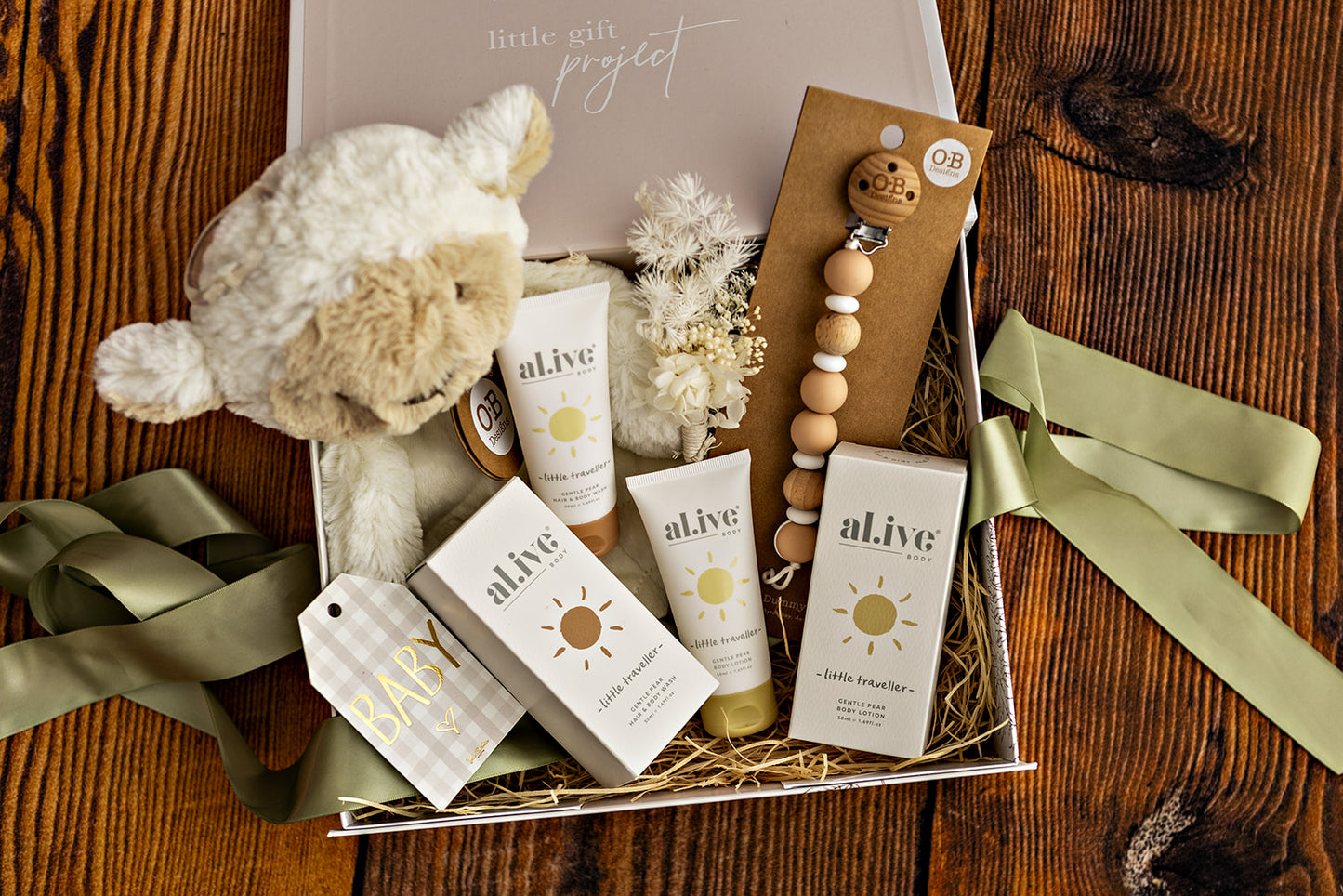 Personalised Baby Gift Box (inc name, ribbon, wood wool filling + FREE Gift Tag)