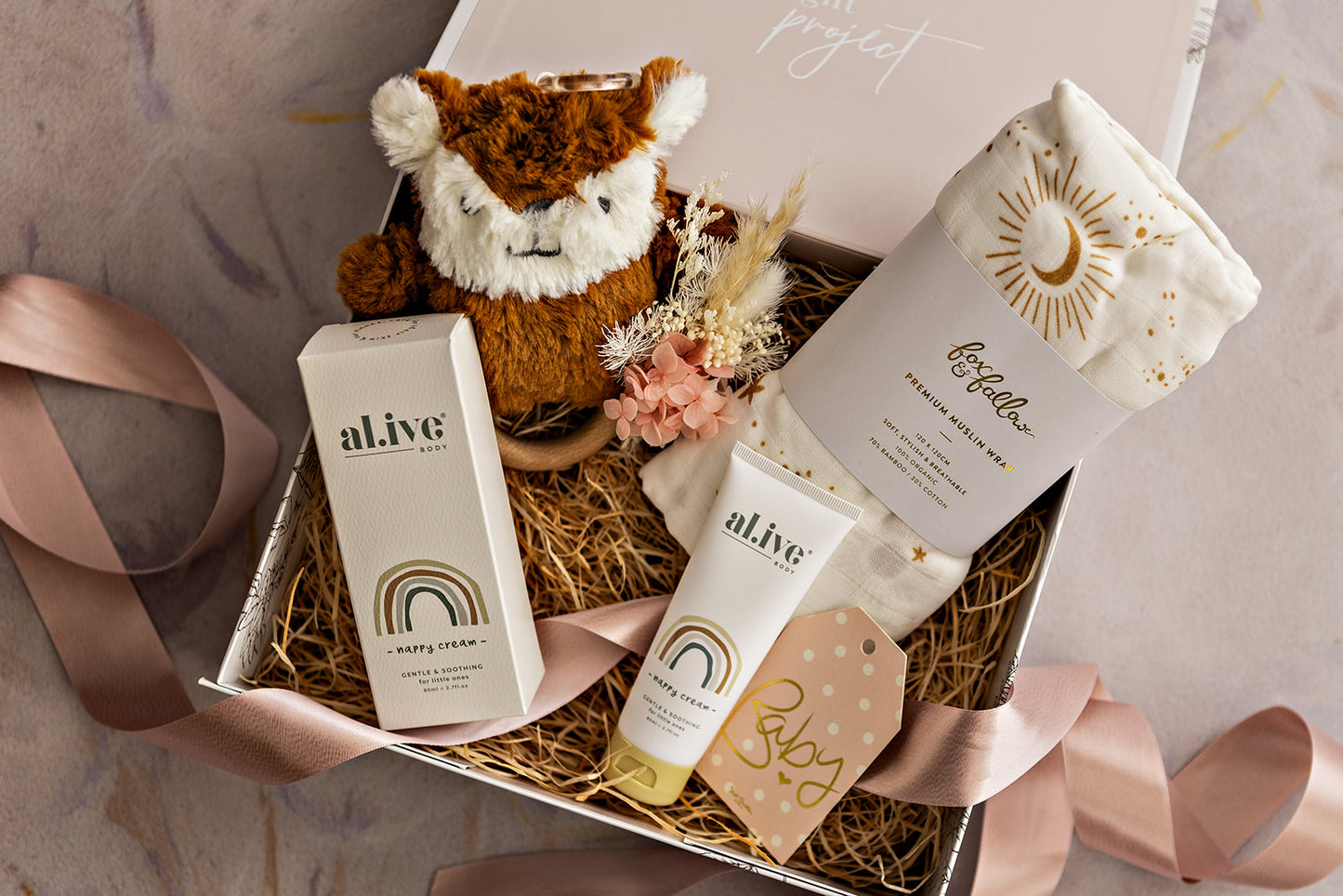 Personalised Baby Gift Box (inc name, ribbon, wood wool filling + FREE Gift Tag)