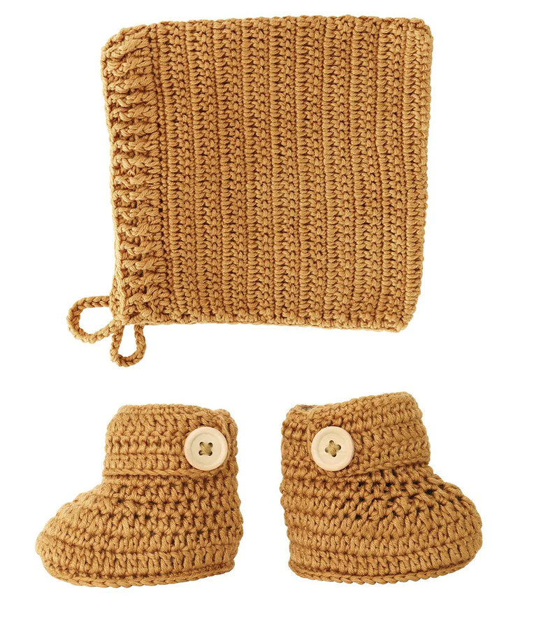 Crochet Bonnet & Bootie Set - Cinnamon