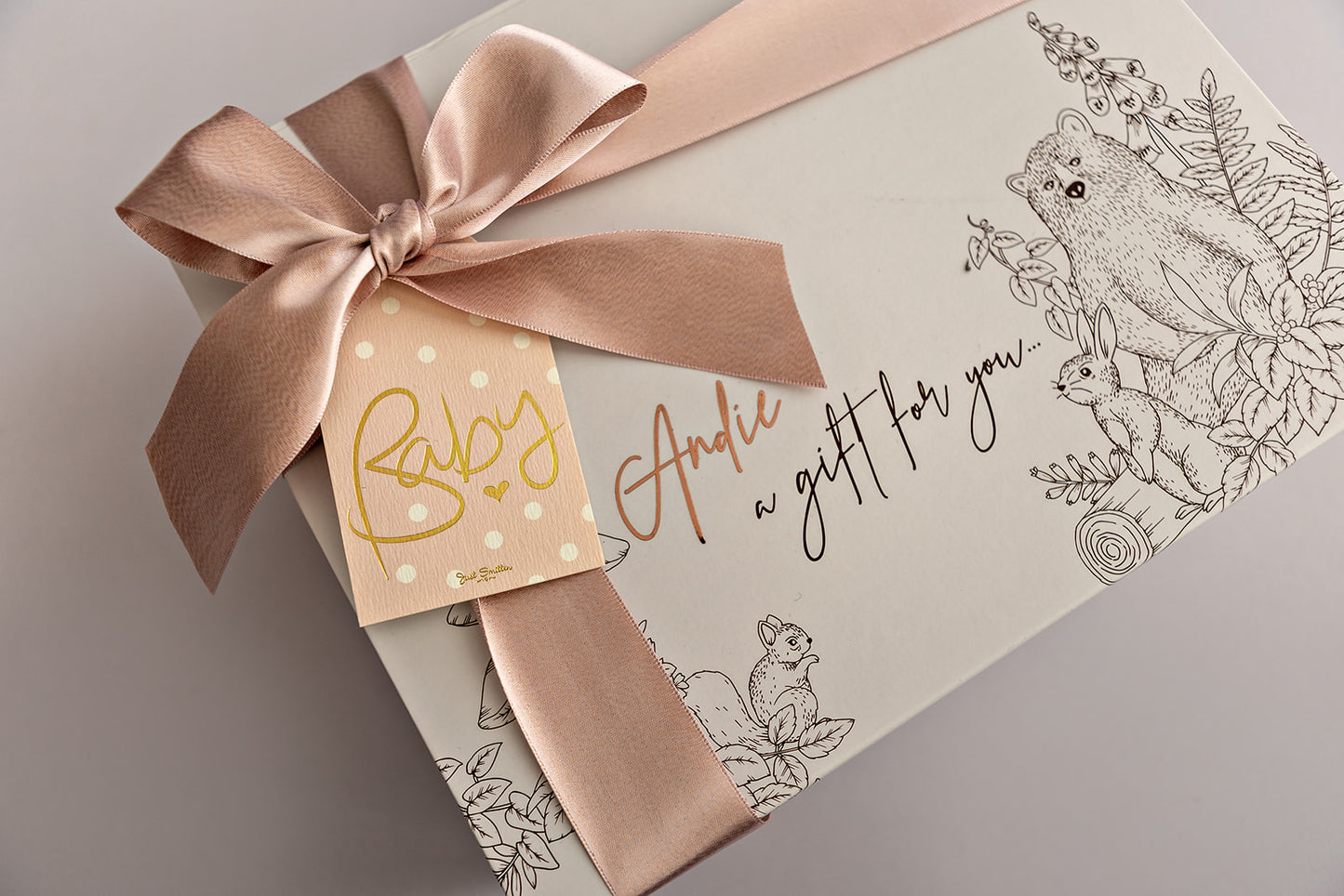 Personalised Baby Gift Box (inc name, ribbon, wood wool filling + FREE Gift Tag)