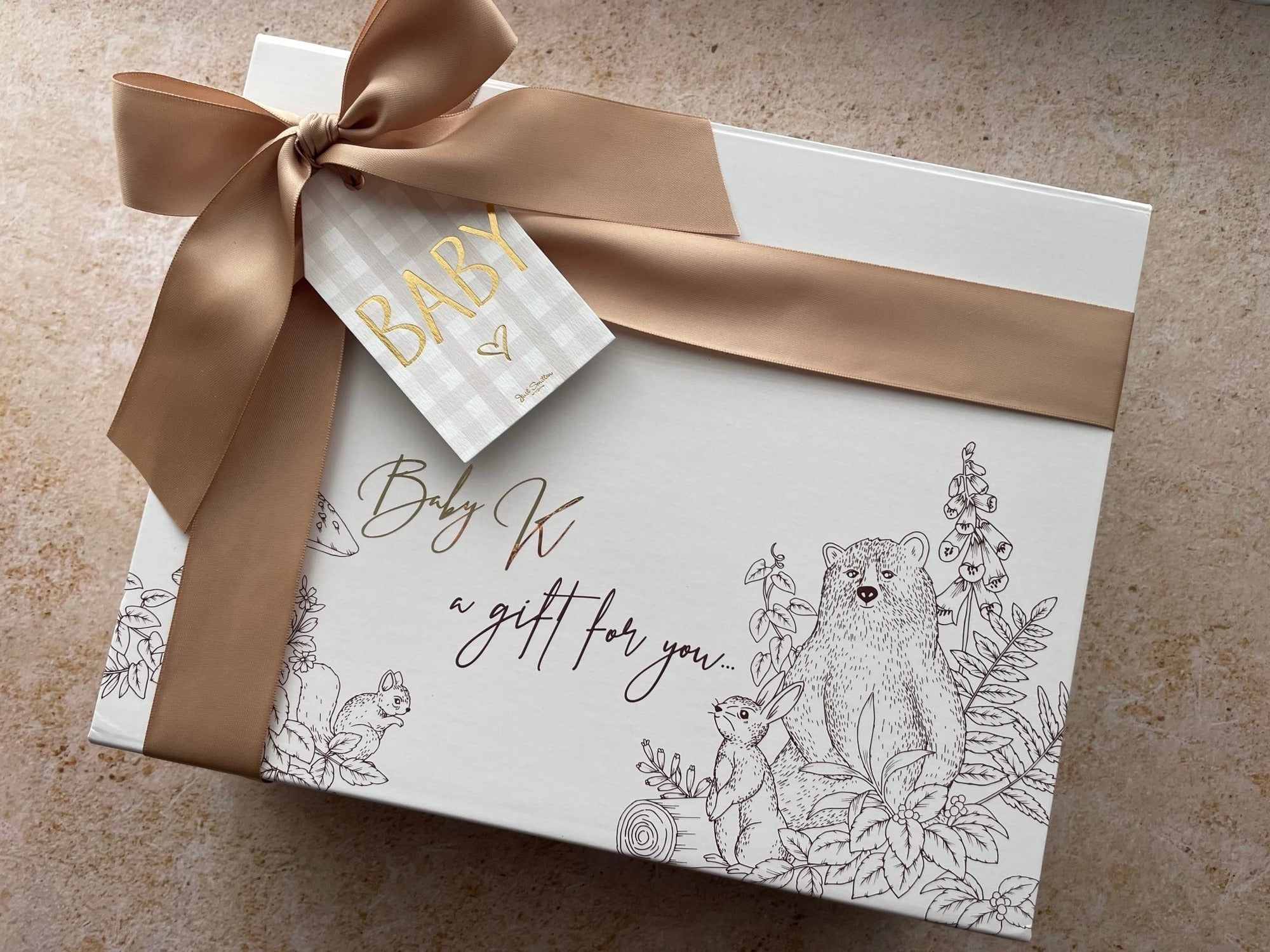 Personalised Baby Gift Box (inc name, ribbon, wood wool filling + FREE Gift Tag)