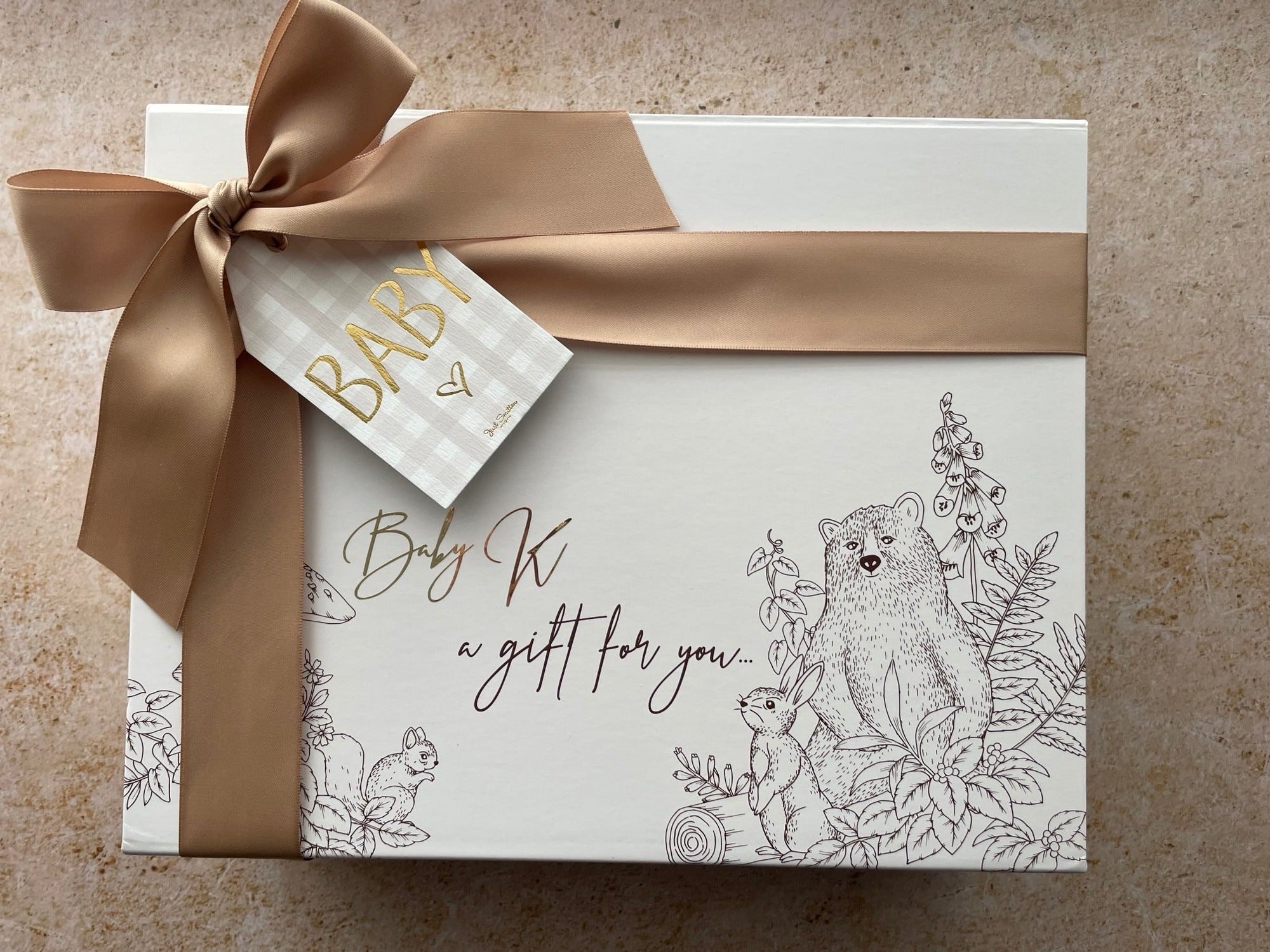 Personalised Baby Gift Box (inc name, ribbon, wood wool filling + FREE Gift Tag)