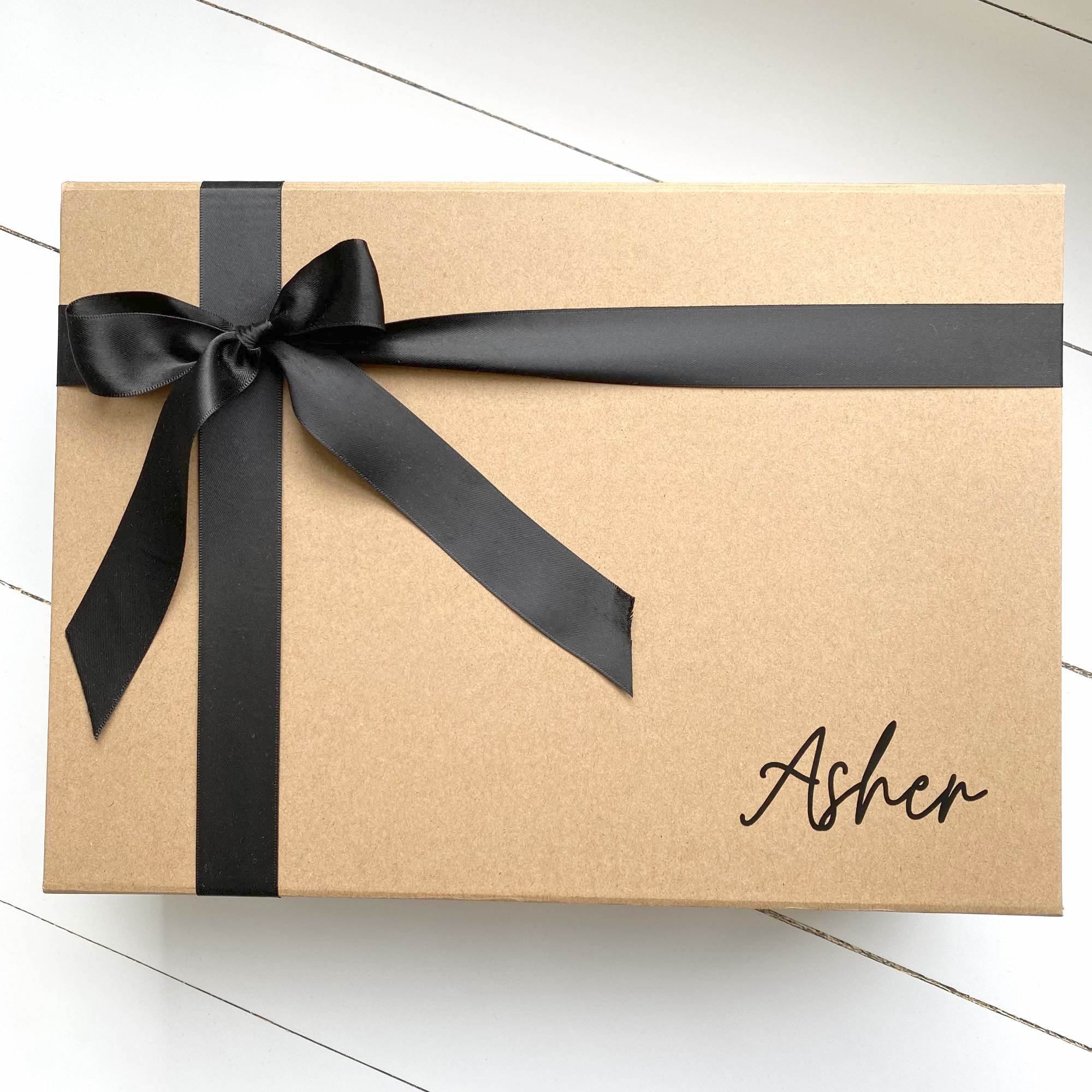 Personalised Kraft Gift Box (inc name, ribbon, wood wool filling + FREE Gift Tag)