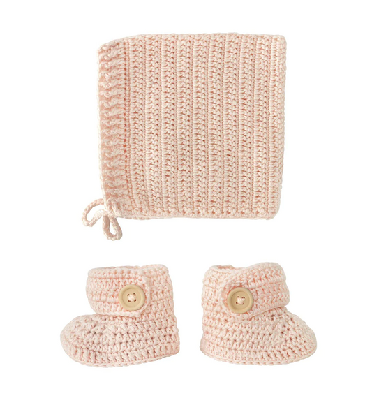 Crochet Bonnet & Bootie Set - Peachy Pink
