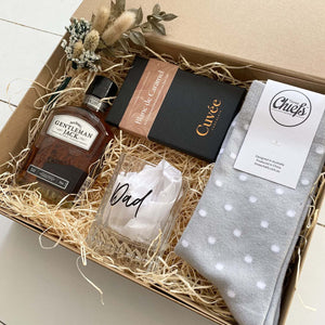 spoil dad this father's day with a gift box of whiskey, chocolates and socks from little gift project melbourne