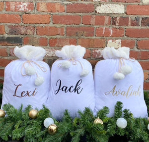 white velvet personalised santa sacks from little gift project